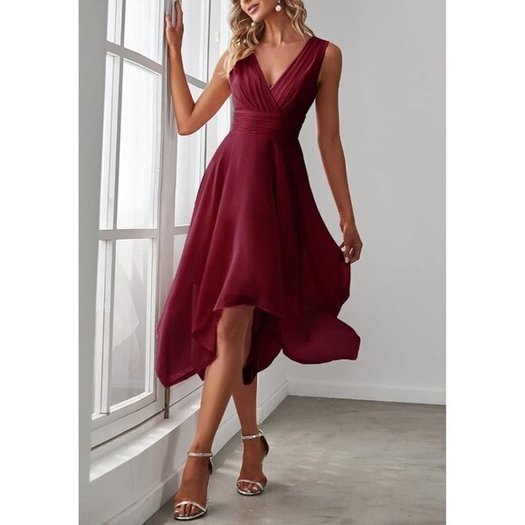 Ever-Pretty V-Neck Ruched Tissue Hem A-Line Chiffon Cocktail Dress Red Sz Medium - Picture 1 of 10